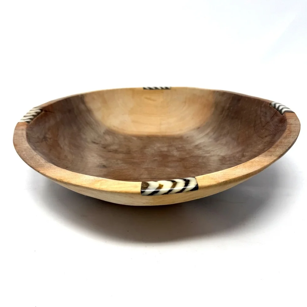 Hand Carved Wooden Bowl with Zebra Pattern Bone Inlay Tribal Boho Decor 11.5 x3